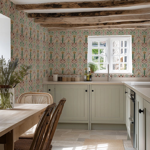 Frances Wallpaper in Autumn Hues on Light Sage