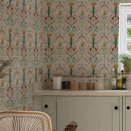 Frances Wallpaper in Autumn Hues on Light Sage