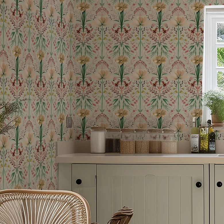 Frances Wallpaper in Autumn Hues on Light Sage