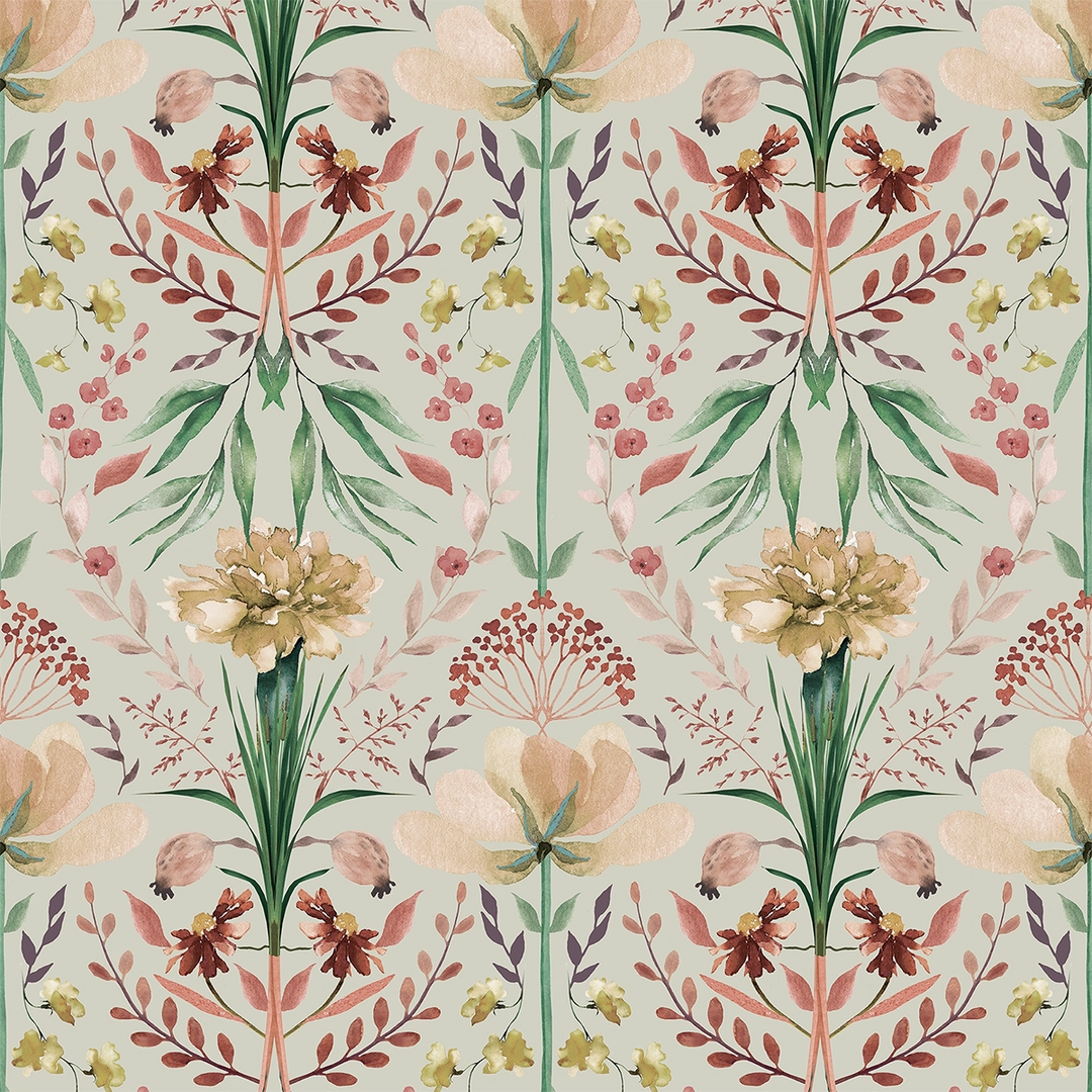 Frances Wallpaper in Autumn Hues on Light Sage