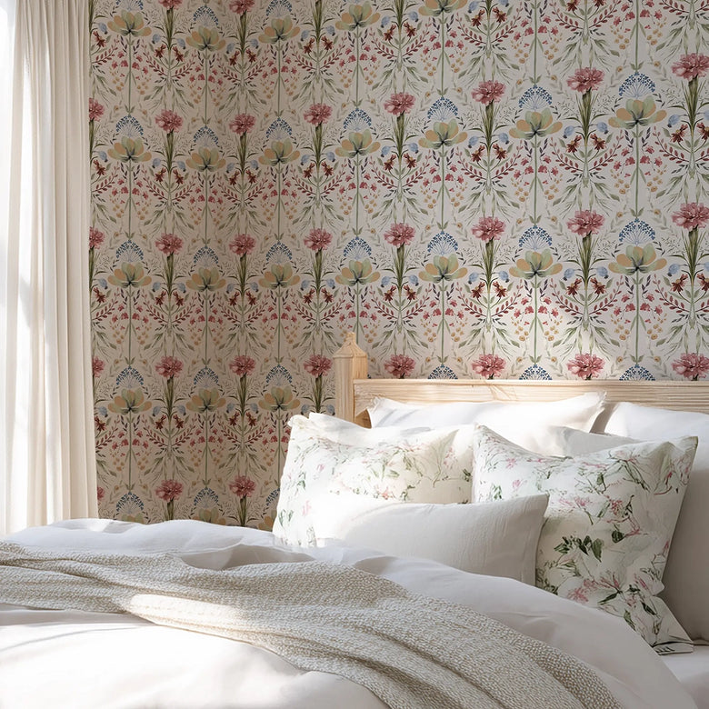 Frances Wallpaper in Autumn Hues on Vintage Cream