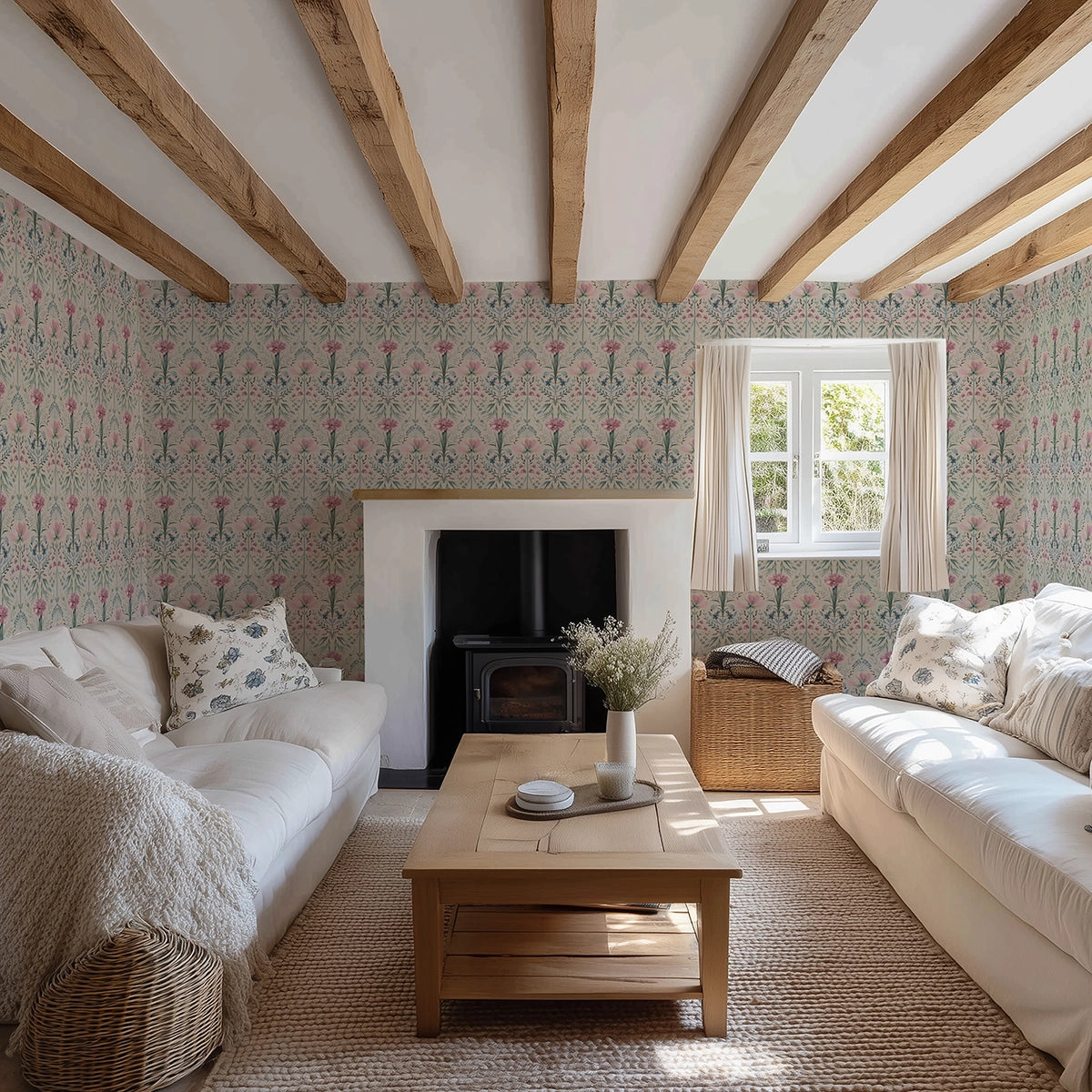 Frances Wallpaper in Spring Hues on Linen Cream