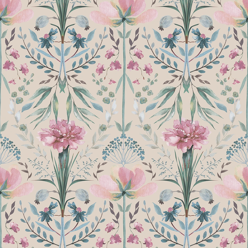 Frances Wallpaper in Spring Hues on Linen Cream