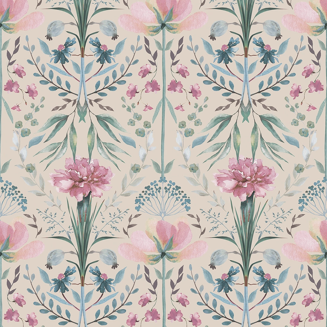 Frances Wallpaper in Spring Hues on Linen Cream