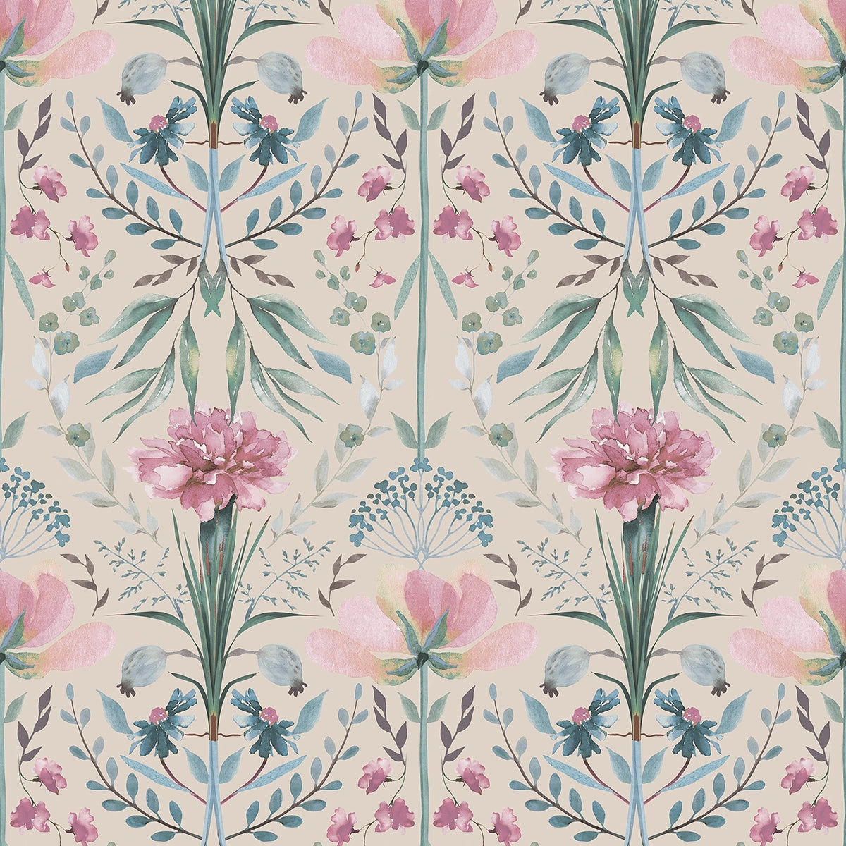 Frances Wallpaper in Spring Hues on Linen Cream