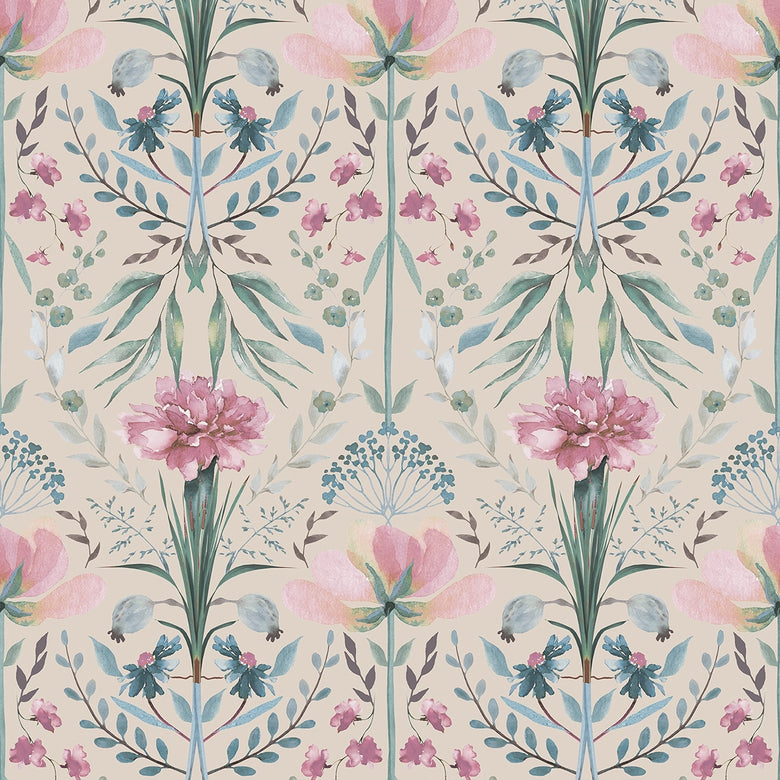 Frances Wallpaper in Spring Hues on Linen Cream