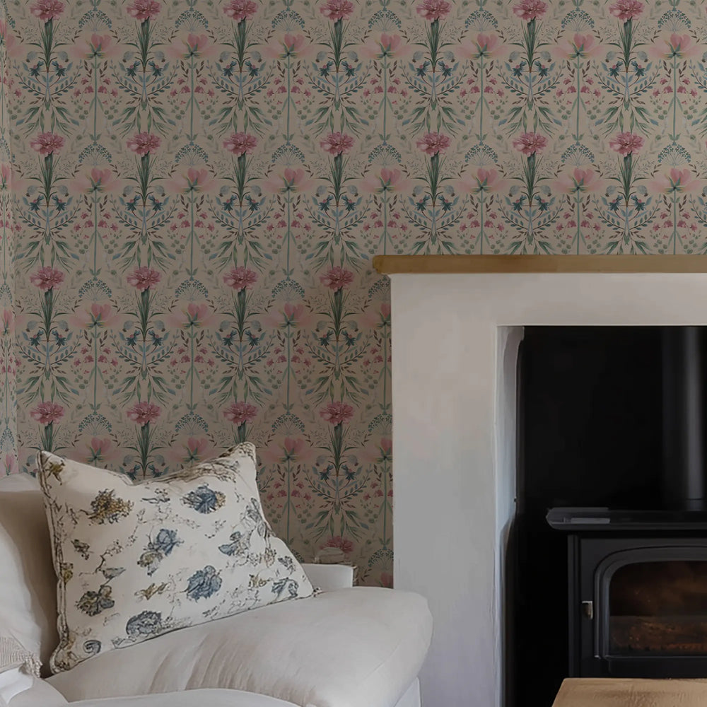 Frances Wallpaper in Spring Hues on Linen Cream