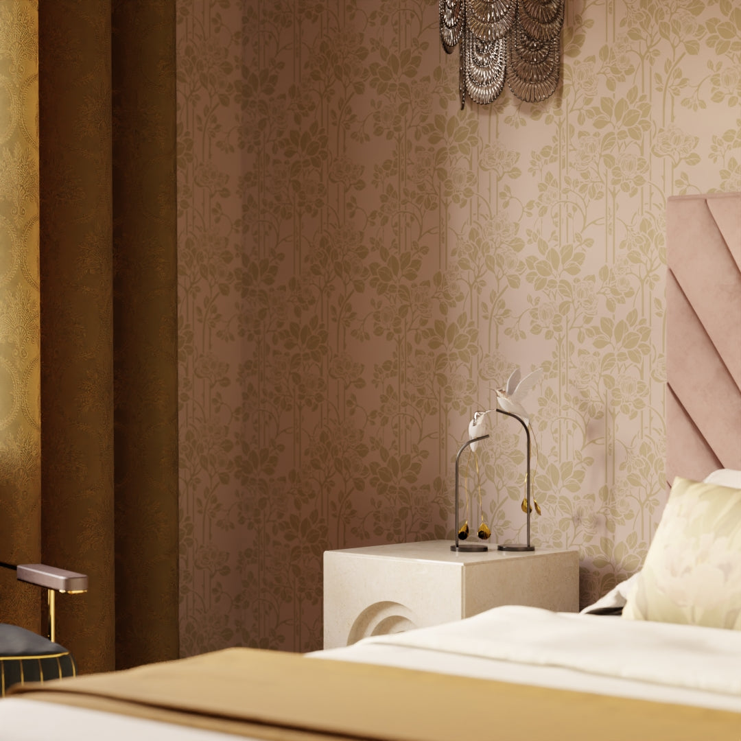 Garden Trellis Wallpaper in Dusty Pink and Gold
