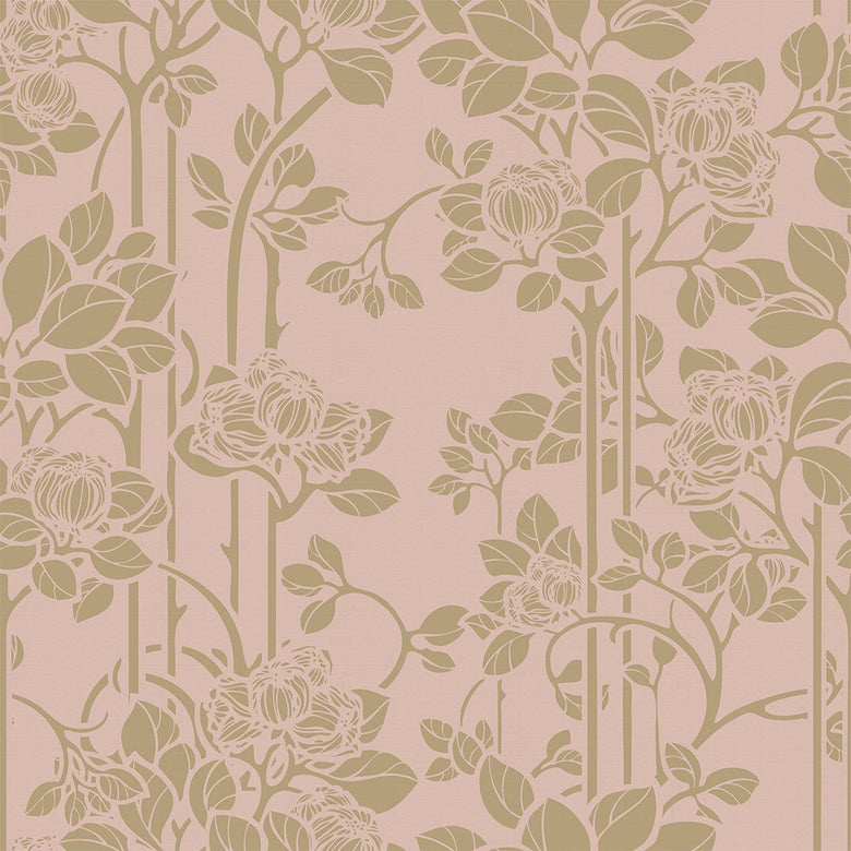 Sample of Garden Trellis Wallpaper in Dusty Pink and Gold