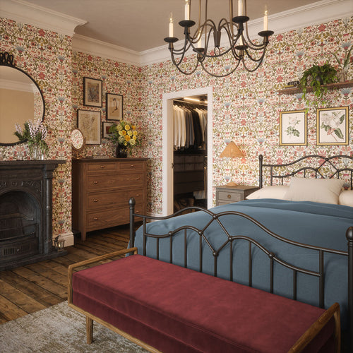 Garden Visitors Wallpaper in Raspberry, Mineral and Olive on Windsor Cream