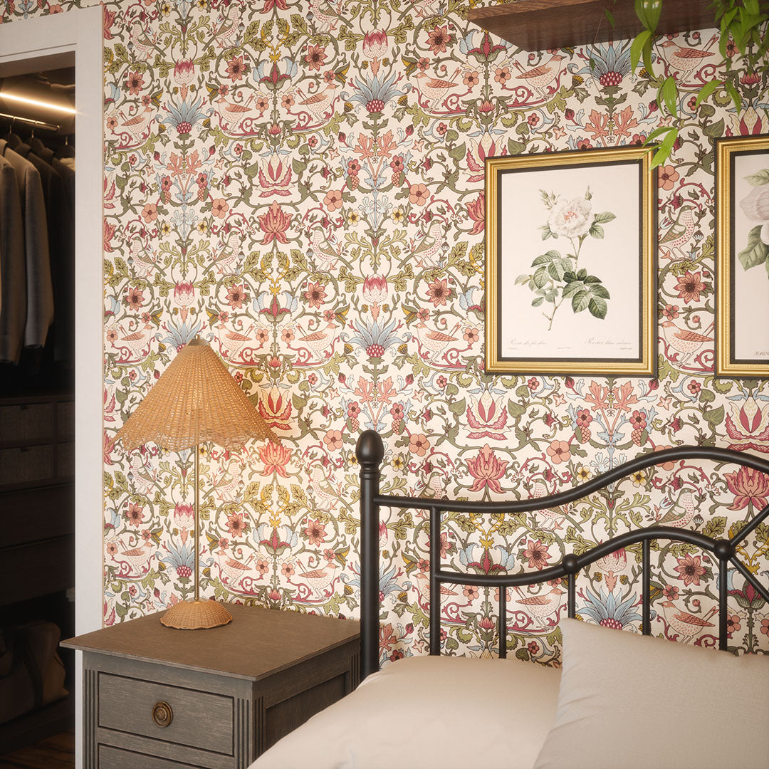 Garden Visitors Wallpaper in Raspberry, Mineral and Olive on Windsor Cream