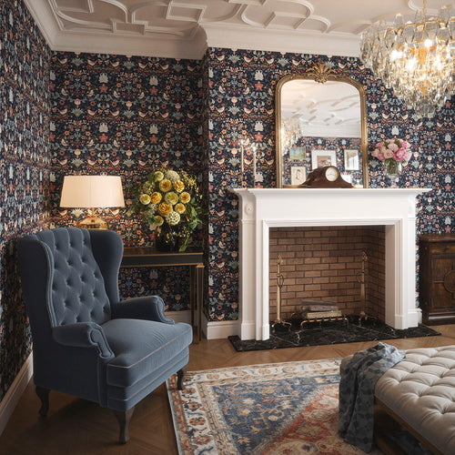 Garden Visitors Wallpaper in Shades of Rose and Mineral on Royal Navy