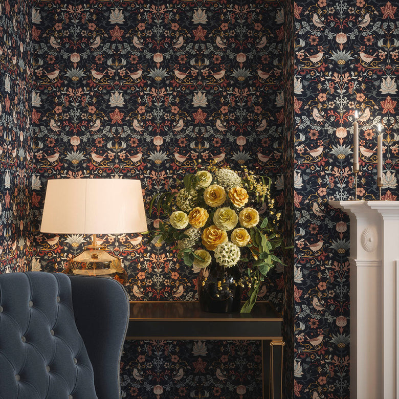 Garden Visitors Wallpaper in Shades of Rose and Mineral on Royal Navy