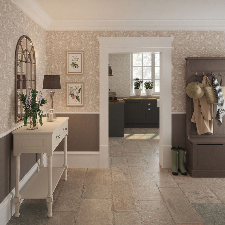 Garden Visitors Wallpaper in Vintage Cream and Linen on Dove Grey