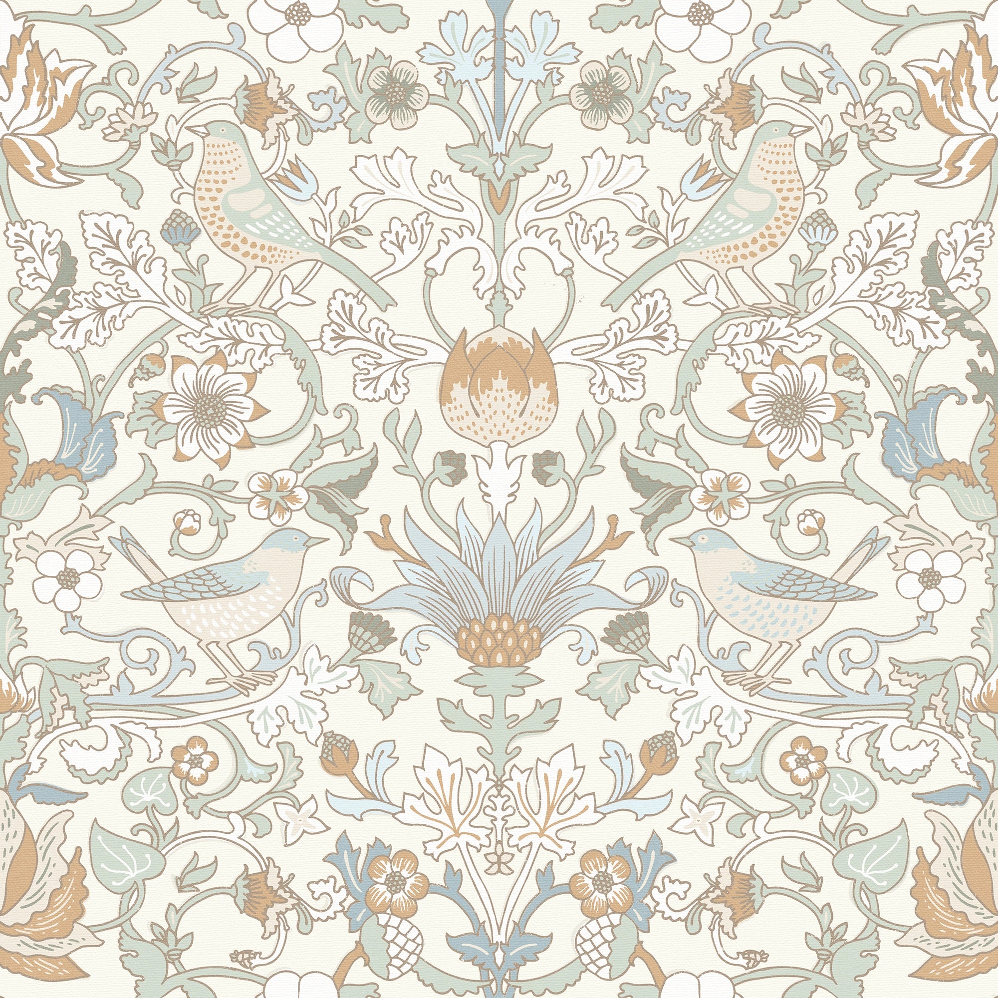 Garden Visitors Wallpaper in Blue and Hazelnut on Milk Foam