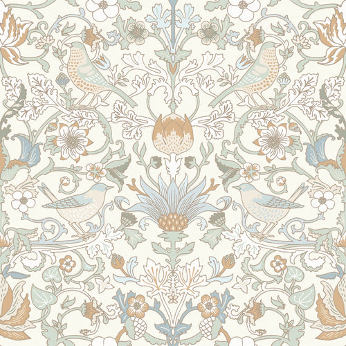 Garden Visitors Wallpaper in Blue and Hazelnut on Milk Foam