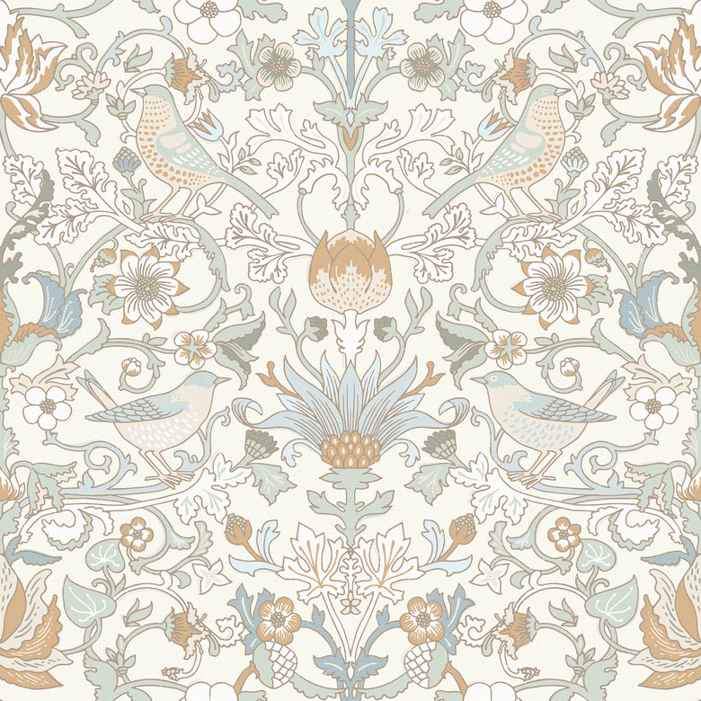 Garden Visitors Wallpaper in Blue and Hazelnut on Milk Foam