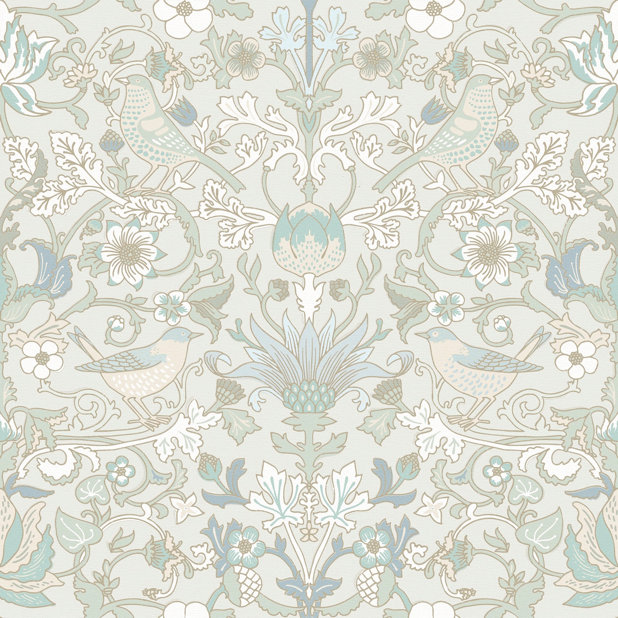Garden Visitors Wallpaper in Clay Blue and Thunder on Soft Clay