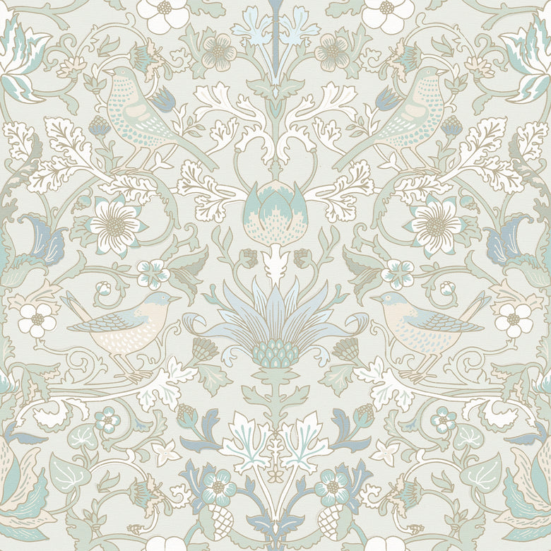 Garden Visitors Wallpaper in Clay Blue and Thunder on Soft Clay