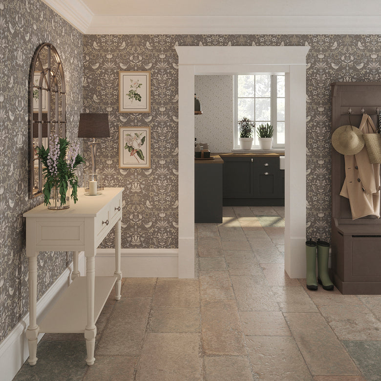 Garden Visitors Wallpaper in Earl Blue and Vintage Cream on Earl Grey