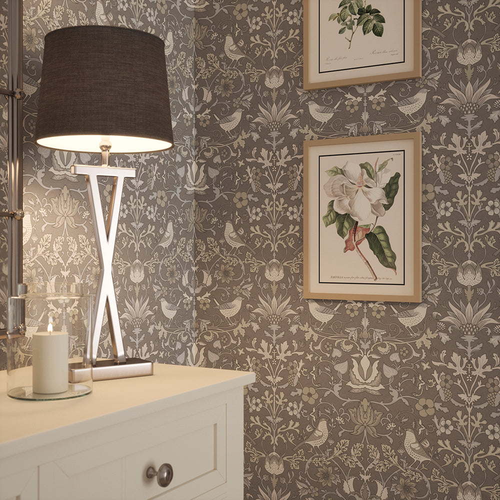 Garden Visitors Wallpaper in Earl Blue and Vintage Cream on Earl Grey