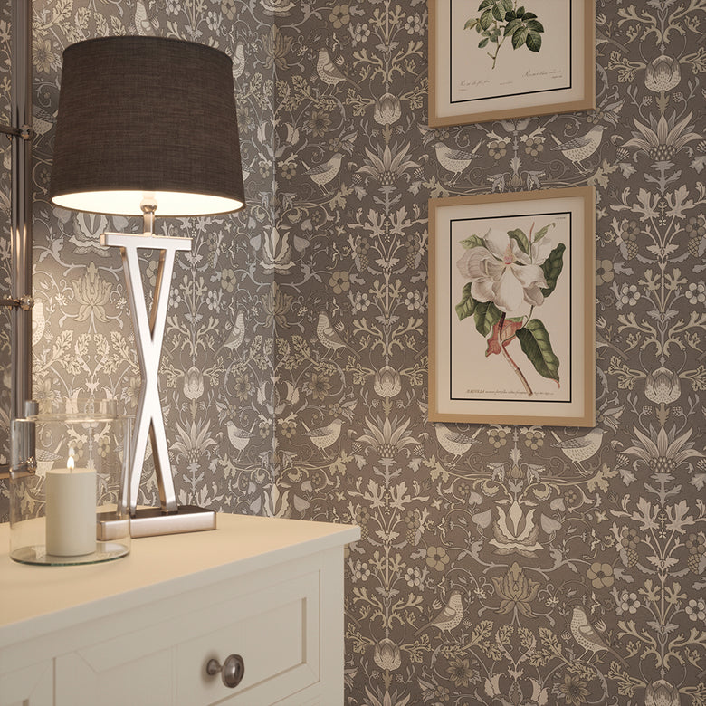 Garden Visitors Wallpaper in Earl Blue and Vintage Cream on Earl Grey