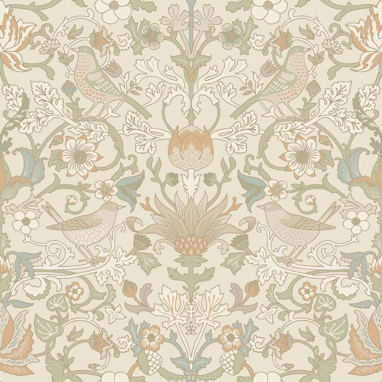 Garden Visitors Wallpaper in Latte and Hazelnut on Warm Cream