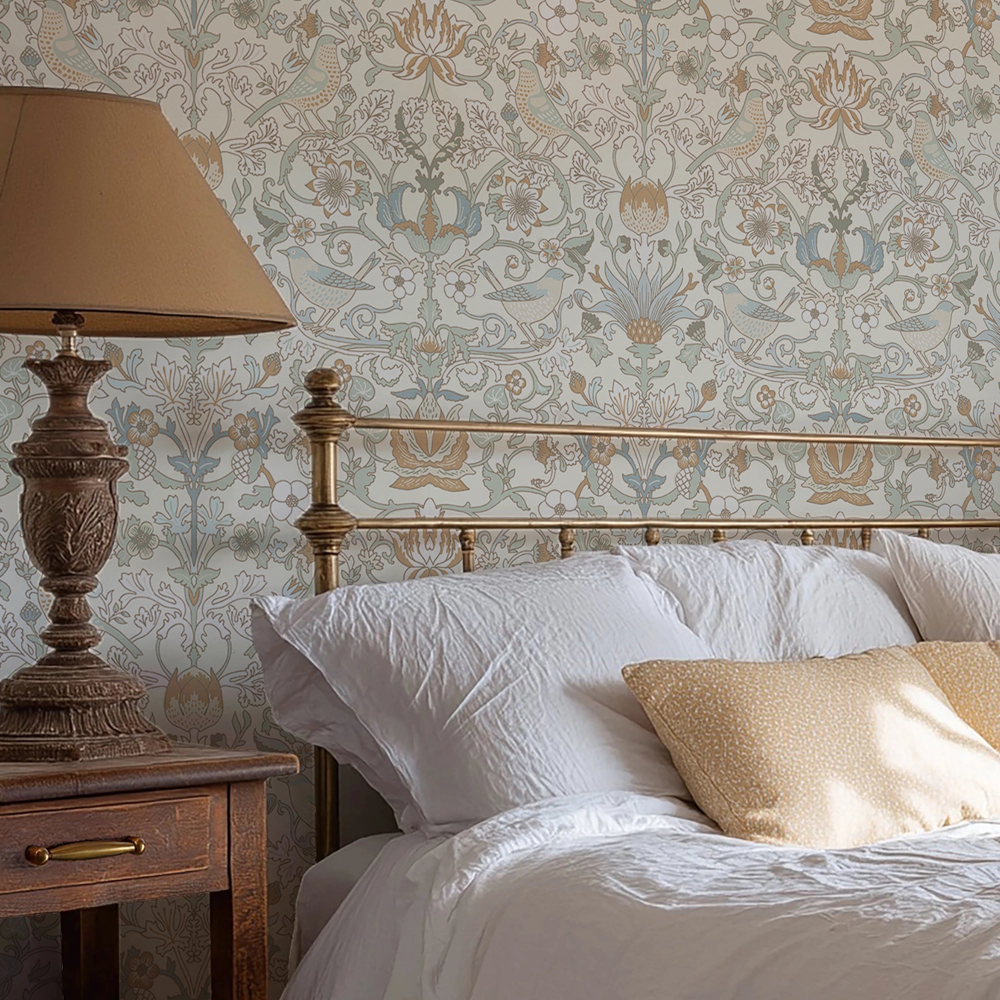 Garden Visitors Wallpaper in Blue and Hazelnut on Milk Foam