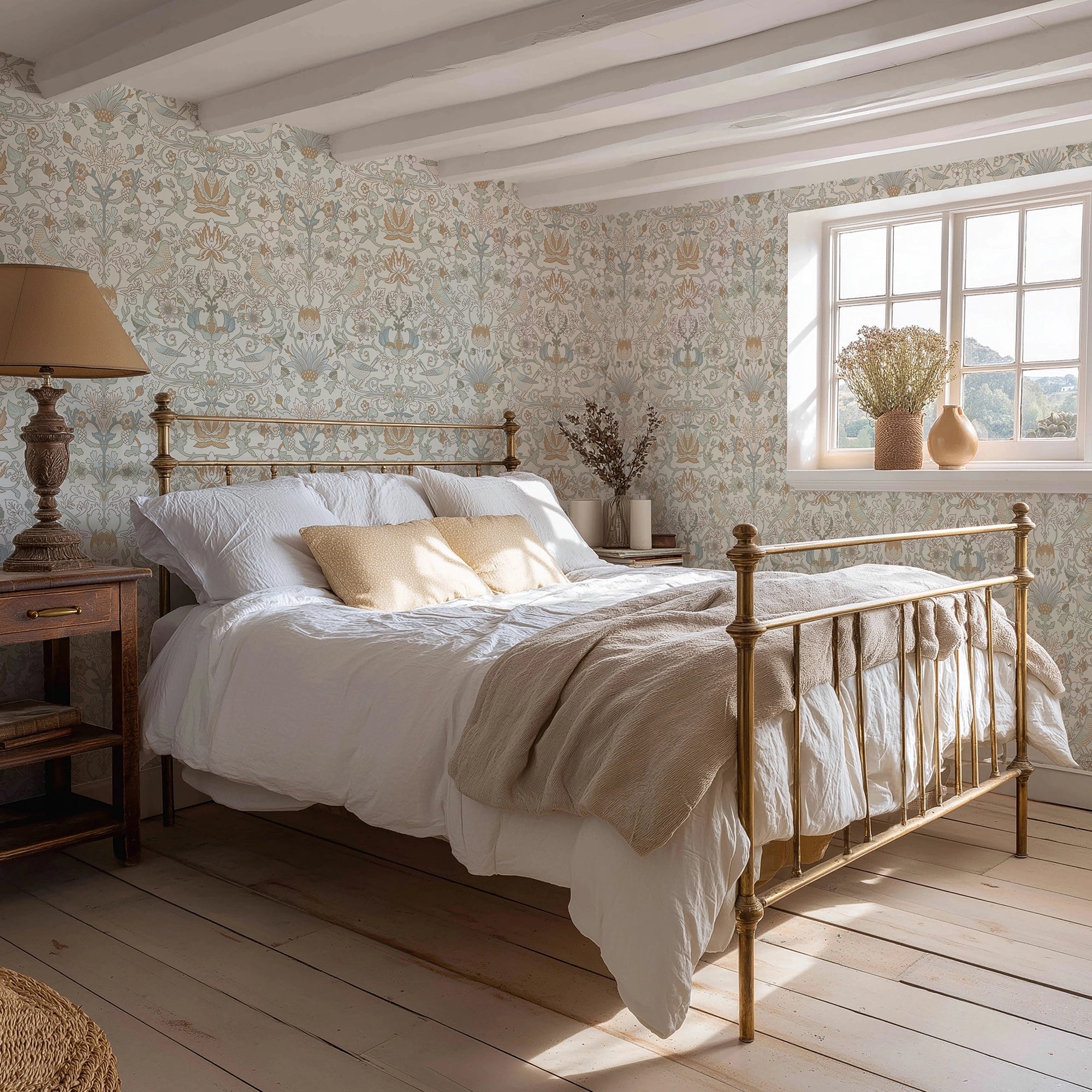 Garden Visitors Wallpaper in Blue and Hazelnut on Milk Foam