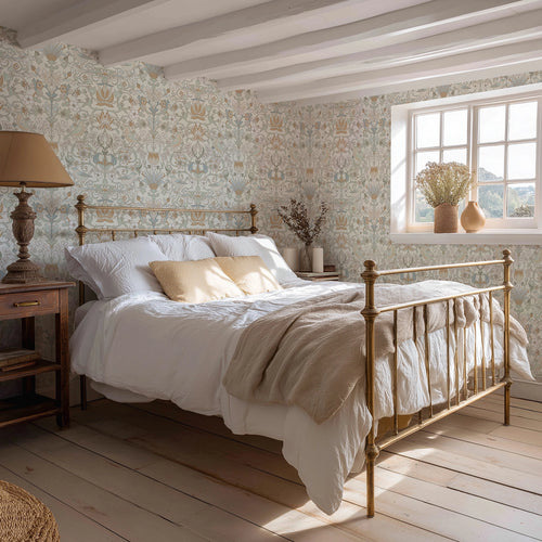 Garden Visitors Wallpaper in Blue and Hazelnut on Milk Foam