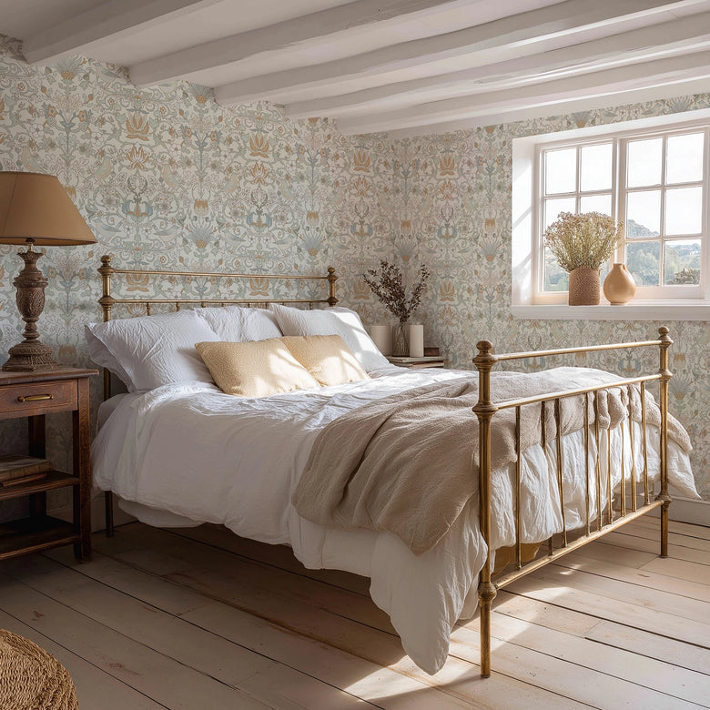 Garden Visitors Wallpaper in Blue and Hazelnut on Milk Foam