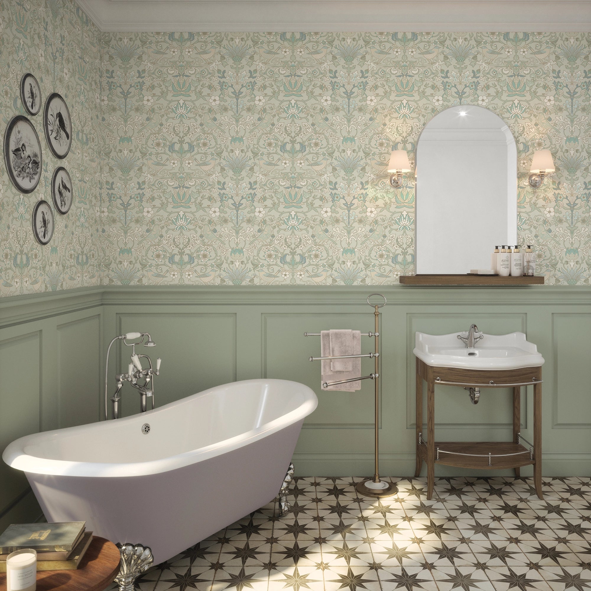 Garden Visitors Wallpaper in Clay Blue and Thunder on Soft Clay