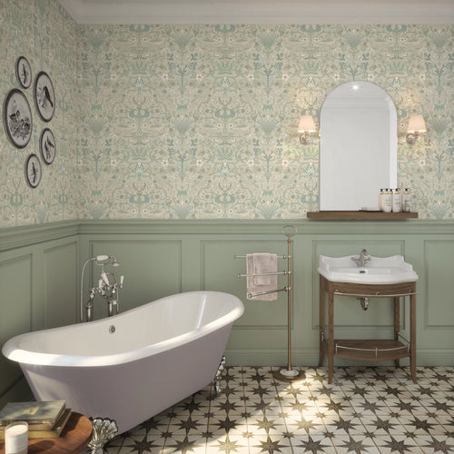 Garden Visitors Wallpaper in Clay Blue and Thunder on Soft Clay