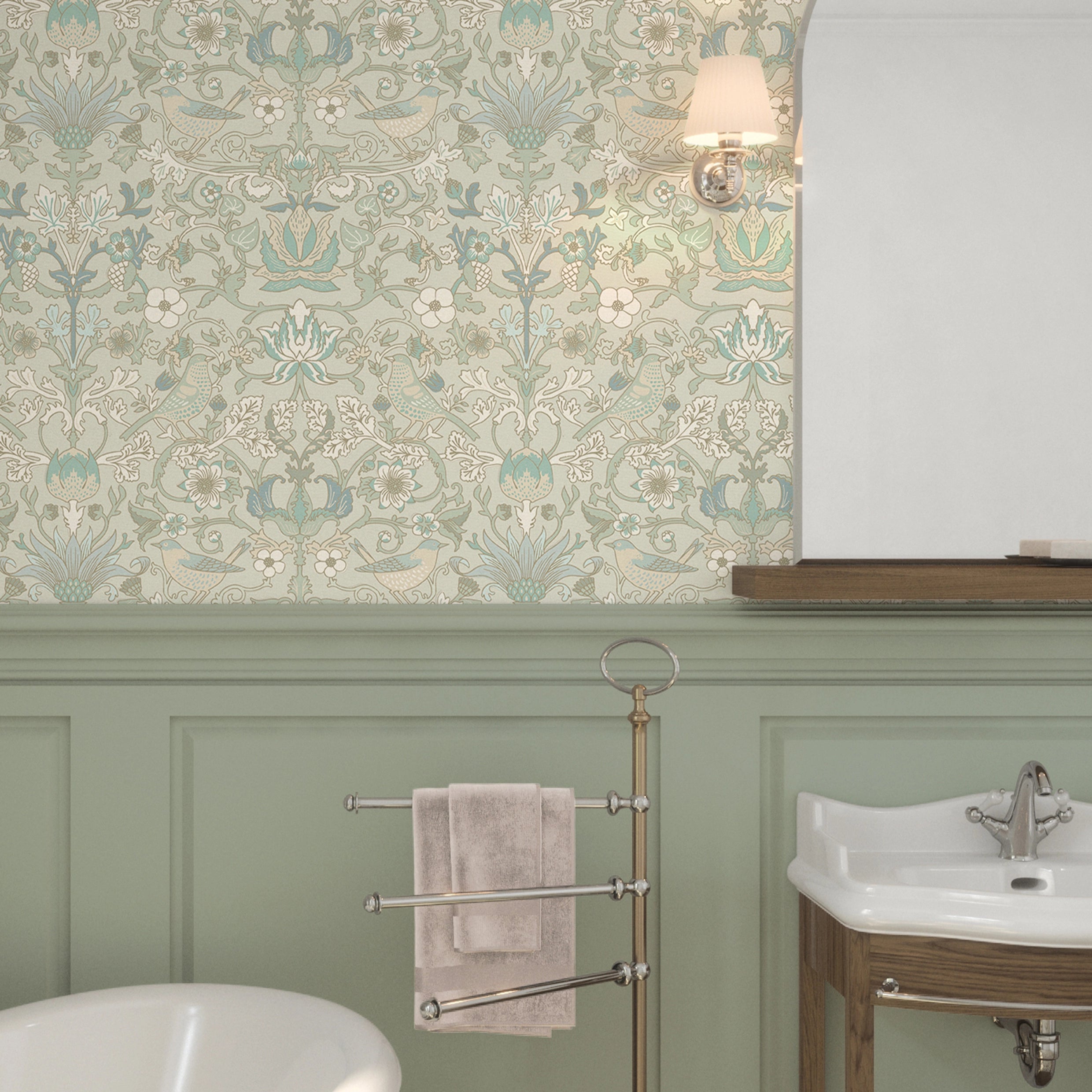 Garden Visitors Wallpaper in Clay Blue and Thunder on Soft Clay