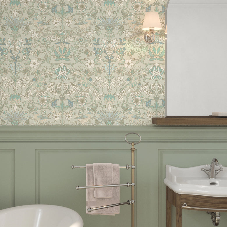 Garden Visitors Wallpaper in Clay Blue and Thunder on Soft Clay