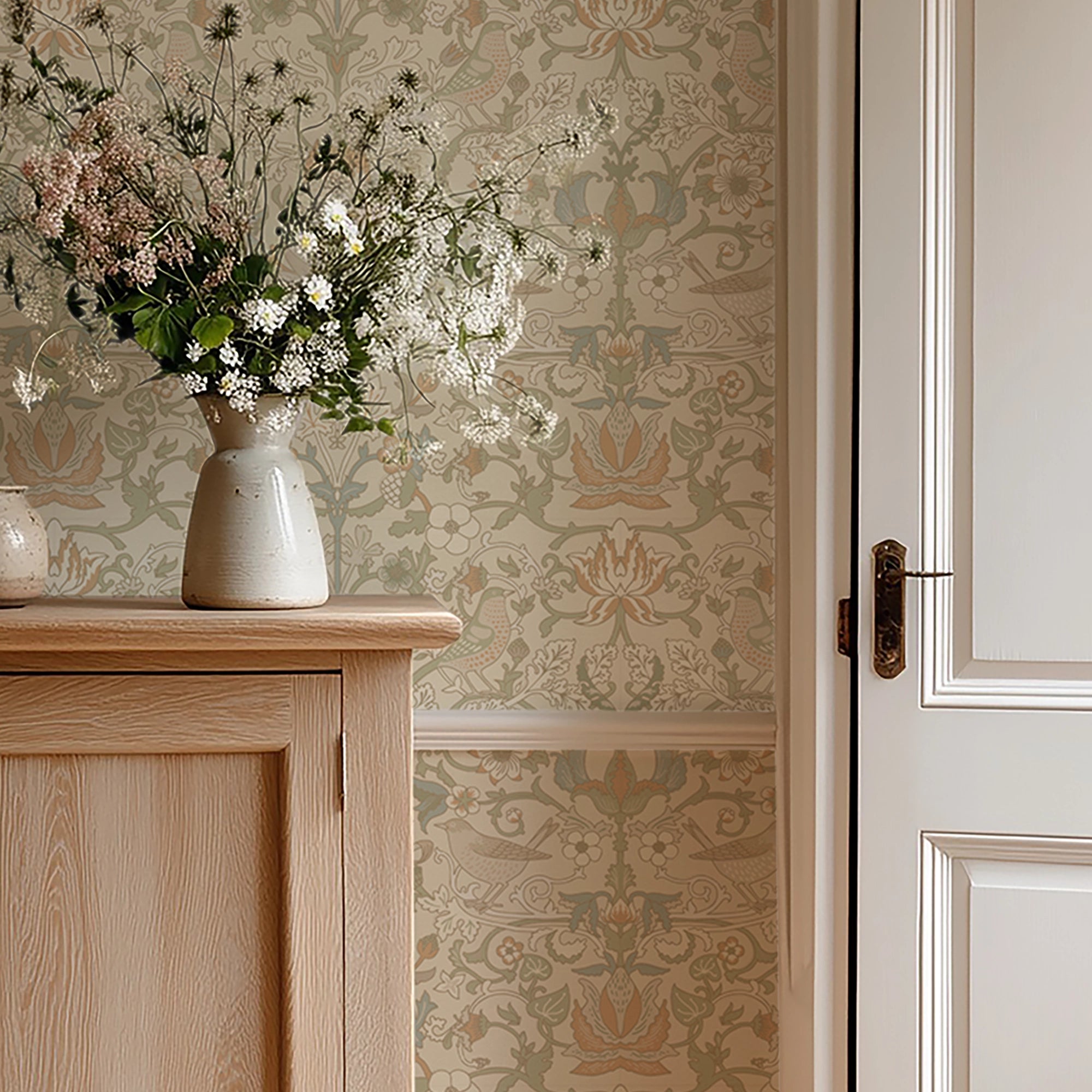 Garden Visitors Wallpaper in Latte and Hazelnut on Warm Cream