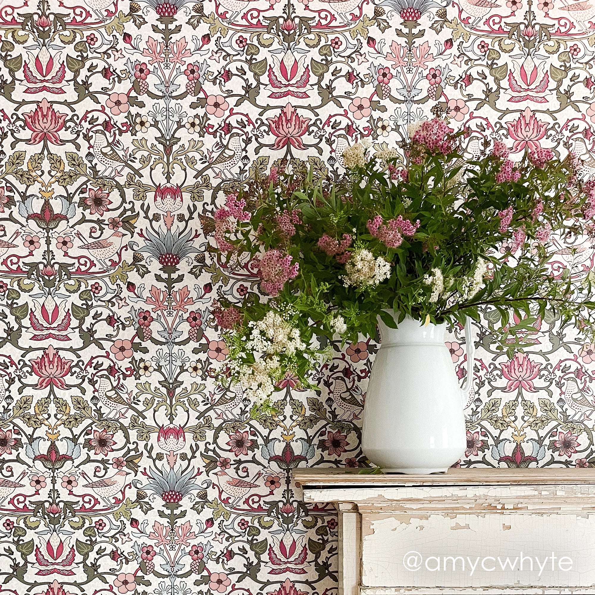 Garden Visitors Wallpaper in Raspberry, Mineral and Olive on Windsor Cream