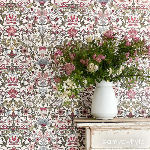 Garden Visitors Wallpaper in Raspberry, Mineral and Olive on Windsor Cream