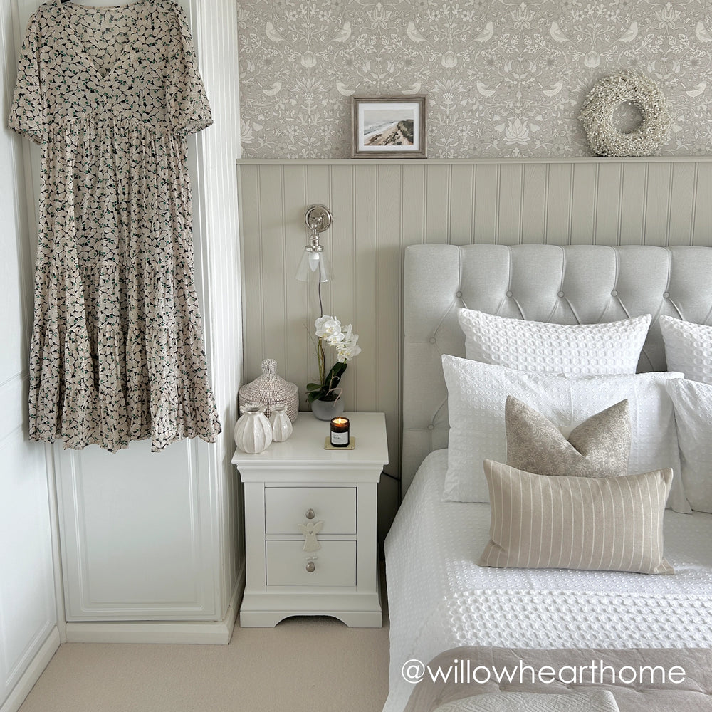 Garden Visitors Wallpaper in Vintage Cream and Linen on Dove Grey