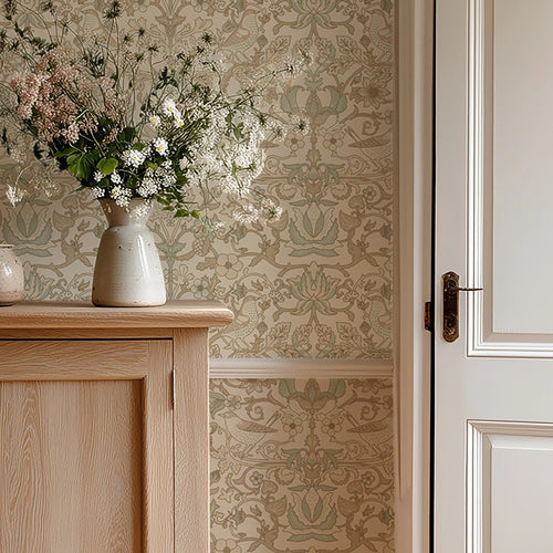 Garden Visitors Wallpaper in Toffee and Sage on Biscuit