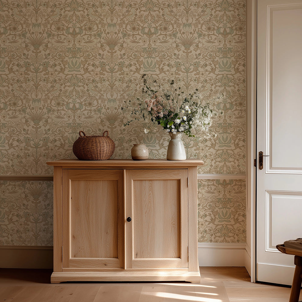 Garden Visitors Wallpaper in Toffee and Sage on Biscuit