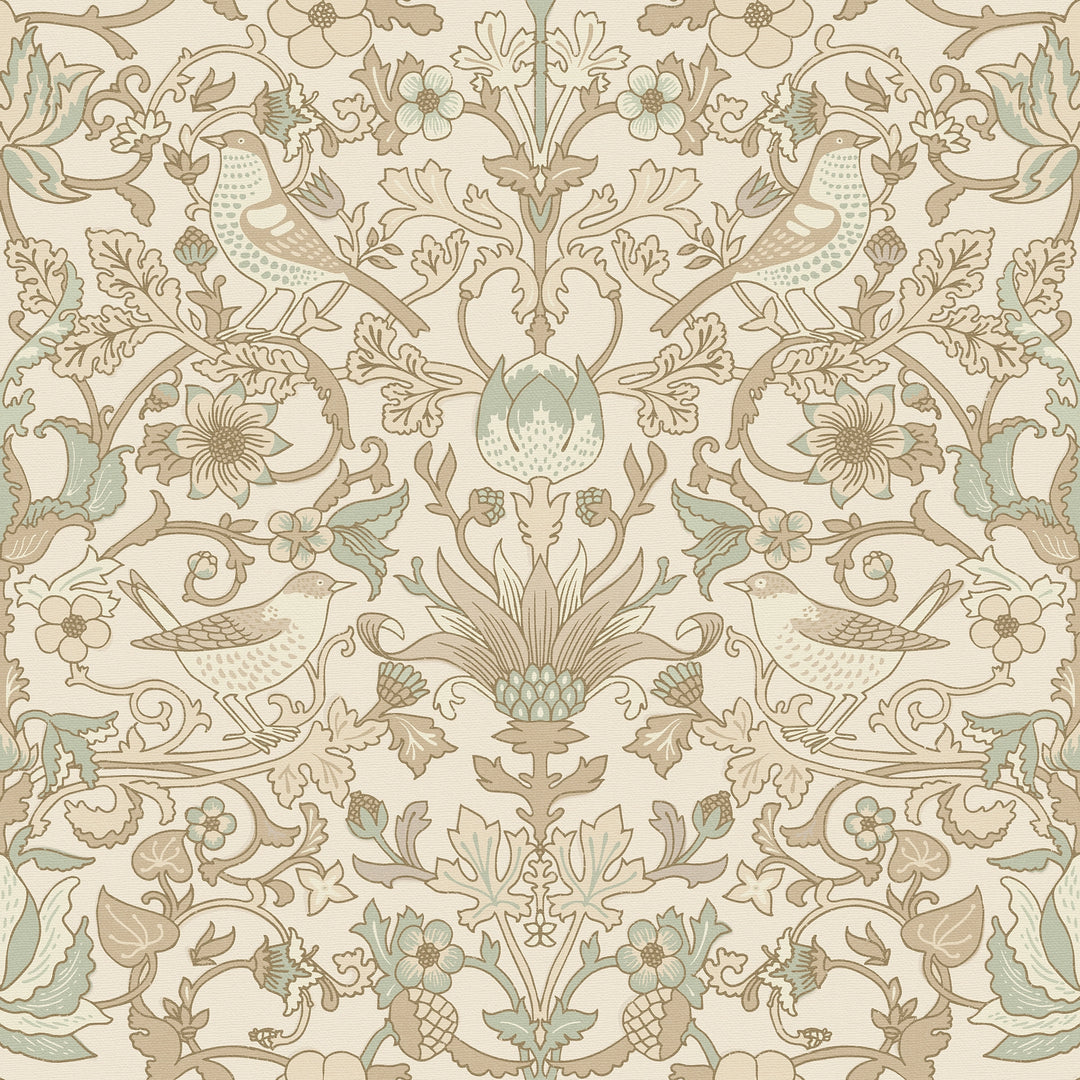 Garden Visitors Wallpaper in Toffee and Sage on Biscuit
