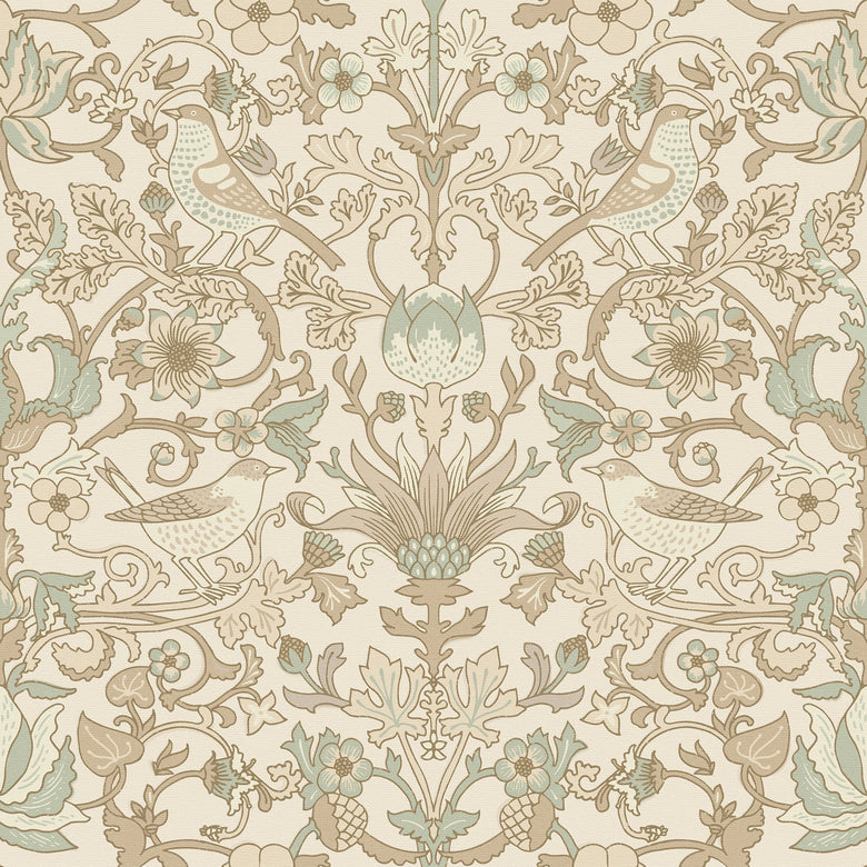 Garden Visitors Wallpaper in Toffee and Sage on Biscuit
