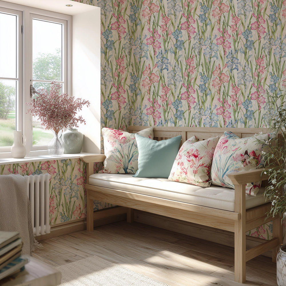 Gladioli Wallpaper in Spring Pinks and Blues – Lucie Annabel