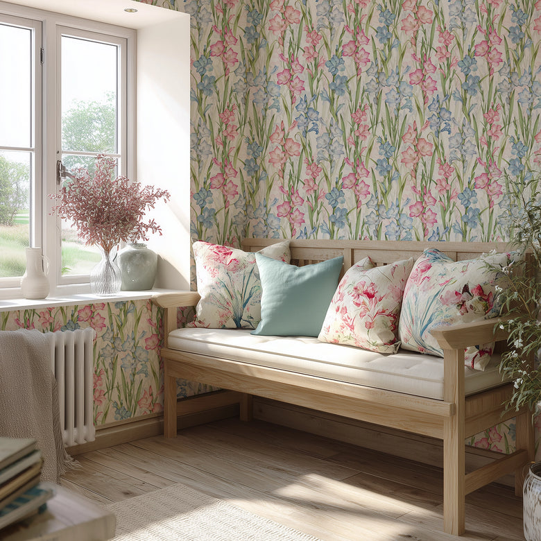 Gladioli Wallpaper in Spring Pinks and Blues