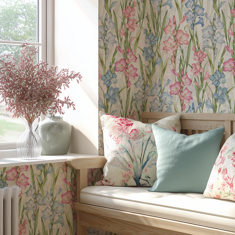 Gladioli Wallpaper in Spring Pinks and Blues