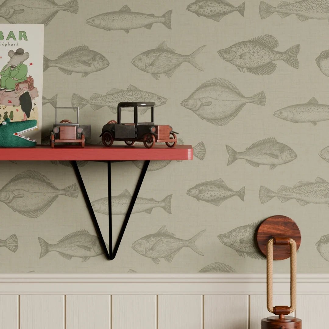 Gone Fishing Wallpaper in Warm Grey