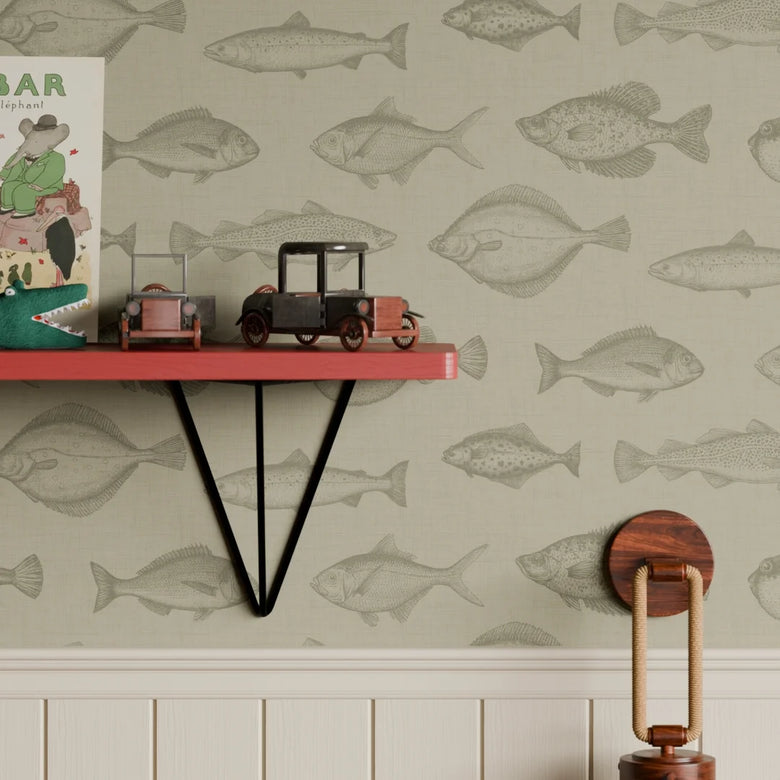 Gone Fishing Wallpaper in Warm Grey