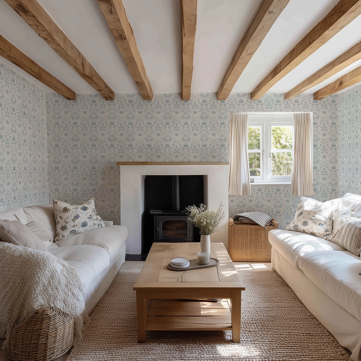 Living room with white sofas, a wooden coffee table, and exposed wooden beams with blue floral wallpaper.