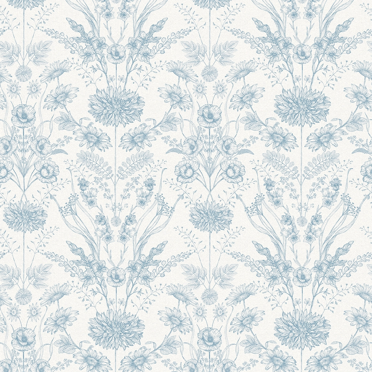 Wallpaper pattern of blue flowers on a cream background.